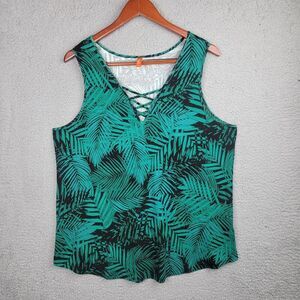 Feiersi Tank Top Shell Blouse Womens XXL Green Black Tropical Palm Criss Cross